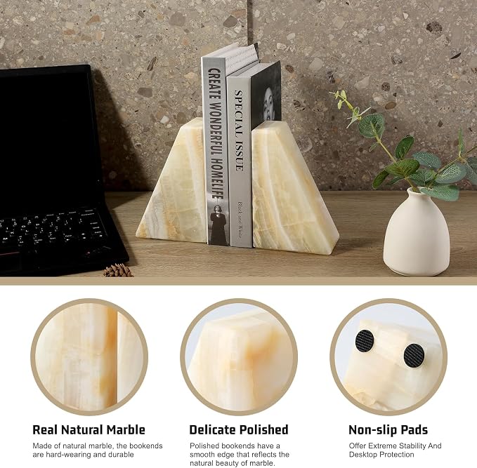 Marble Bookend for Heavy Books, Decorative Bookends for Shelves, Durable and Heavy-Duty Book End for Hardback Book & CDS, Unique Stopper & Holder, Green Onyx, Set of 2