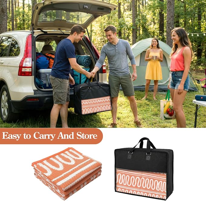 Beeiva Boho Outdoor Rug 8x10 Waterproof for Patio, Reversible Plastic Straw Rug for RV Camping, Deck, Balcony, Backyard, Orange