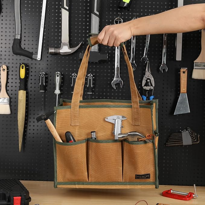 Heavy-Duty 16oz Waxed Canvas Tool Tote Bag - Water-Resistant Wide Mouth Organizer with Reinforced Handle | Large Capacity Tool Storage for Wrenches (16.5" x 12.5" x 6.5", Khaki)
