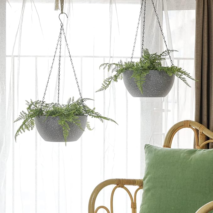 T4U Hanging Planters for Indoor Plants, 10 Inch Hanging Planter Outdoor 2 Pack, Hanging Basket with Drainage Holes, Hanging Plant Holder Indoor, Flower Pots, Plant Pots for Garden, Grey