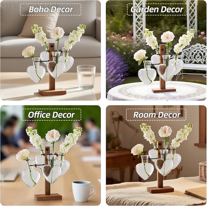 Plant Propagation Station Whith Acacia Wood Stand, 4 Heart Glass Vases | Propagation Vases for Plants，Plant Stand Indoor，Birthday Gifts for Women,Gifts for Plant Lovers，Home Decor