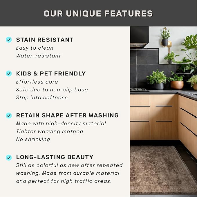 Brown Boho Washable 2x7 Runner Rugs for Hallway Kitchen Bedroom Beside Laundry Room Bathroom Rug, Pet & Kids Friendly, Non Slip Low Pile Stain Resistant Soft Faux Wool Long Dark Earthy Floor Carpet