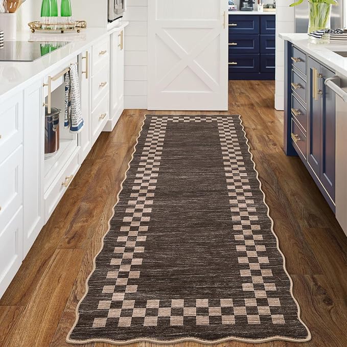 GarveeHome Washable Runner Rug 2x10 Modern Bordered Hallway Runner Rug | Non Slip Kitchen Throw Carpet Checkered Entryway Runner Rugs Low Pile Solid Area Rugs for Living Room Bedroom Nursery, Brown