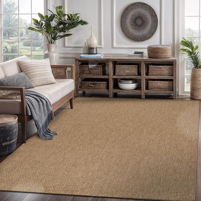 CAMILSON Easy Jute Rug 5x7, Indoor Outdoor Natural Color Farmhouse Area Rugs for Living Room Patio and Kitchen Rug, Solid Boho Woven Design, Easy-Cleaning, Washable Outside Carpet Alfombras (5 x 7)