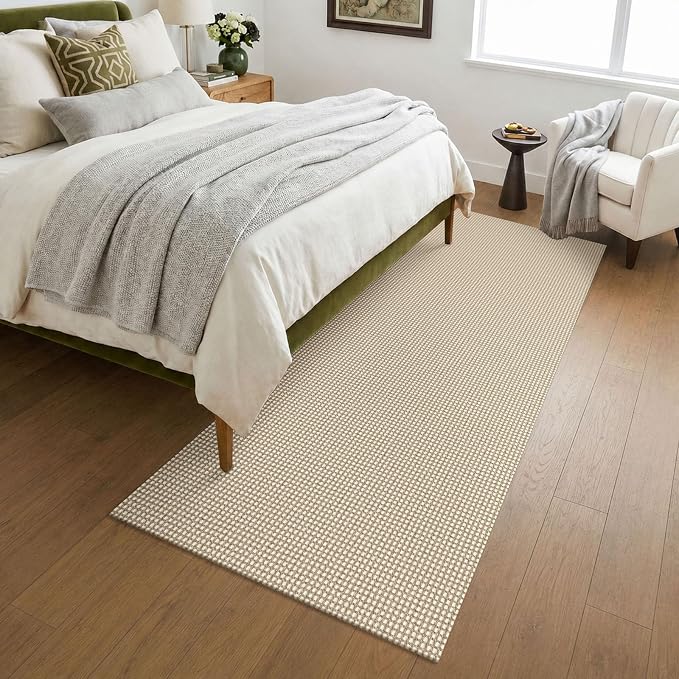 KOZYFLY Woven 3x7 Washable Kitchen Runner Rug, Non Slip Wide Runners for Hallway, Cotton Entryway Runner, Braided Floor Carpet for Entry, Kitchen, Bedside, Hall, Ivory/Camel/Brown