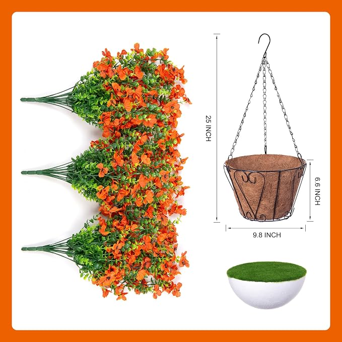 Ammyoo Artificial Hanging Flower with Basket for Fall Decor, Fake Mums Plants Uv Resistant Faux Silk Daisy Flowers No Fade for Outside Garden Porch Patio Autumn Decoration(Orange)
