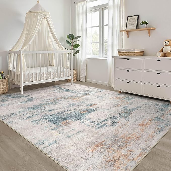 LOONGRUG 5x7 Area Rug Washable Neutral Modern Living Room Rug Teal Brown | Abstract Soft Stain Resistant Indoor Floor Non-Slip Carpet for Bedroom Nursery Kids Office Playroom