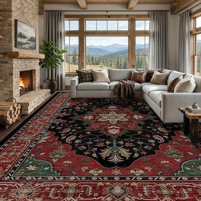 RELEANY Washable Area Rug, Large 9'x12', Red/Black | Non-Slip, Water Repellent, Pet Friendly, Easy to Clean, Vintage Floral Boho Decor for Living Room Bedroom Dining Room