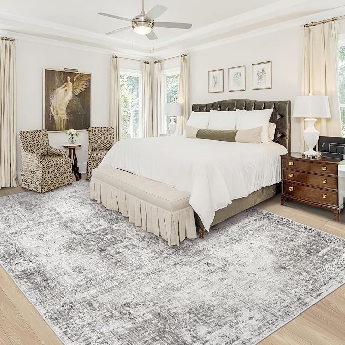 Area Rug 9x12 Washable Rug, Vintage Boho Medallion Rugs Non-Slip Soft Low Pile Large Distressed Rug Indoor Retro Carpet for Living Room Bedroom Dining Room Home Office (Grey, 9'x12')