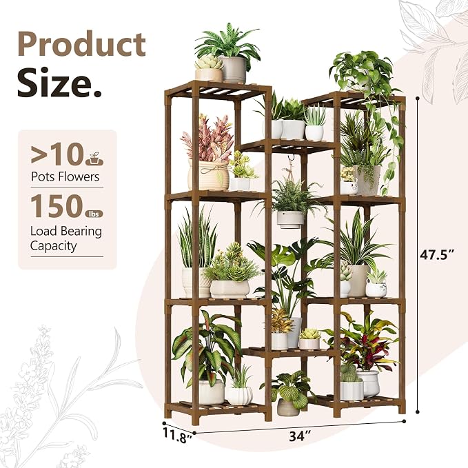 Uneedem Plant Stand with Grow Light - Large Plant Stand Indoor for Multiple Pots, 10 Tiered Plant Shelf Wood Plants Holder Rack for Living Room, Patio, Garden, Corner, Home Decor