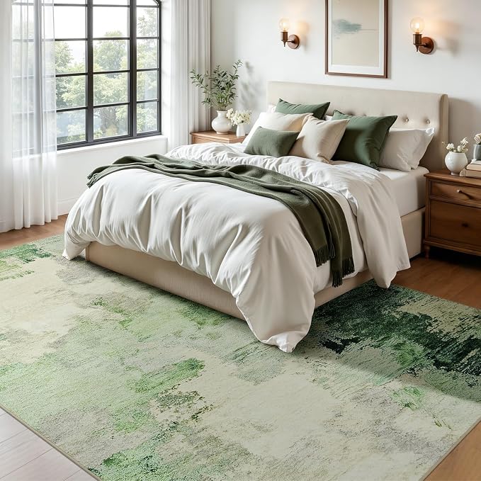 Joydeco Abstract Washable 5x7 Area Rugs for Living Room, Light Green | Non-Slip Soft Stain Resistant Machine Wash Modern Pet Child Friendly Carpet for Bedroom Dining Room Home Office Playroom Rug