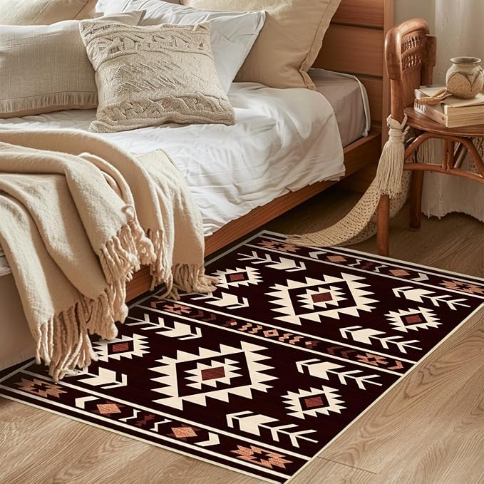 Western Rug 2x3 for Entryway Indoor Mat, Southwestern Aztec Tribal Rugs Southwest Navajo Machine Washable Entrance Rug Non-Slip Printed Low-Pile Entry Floor Carpet Doormat for Bedroom, Red Brown