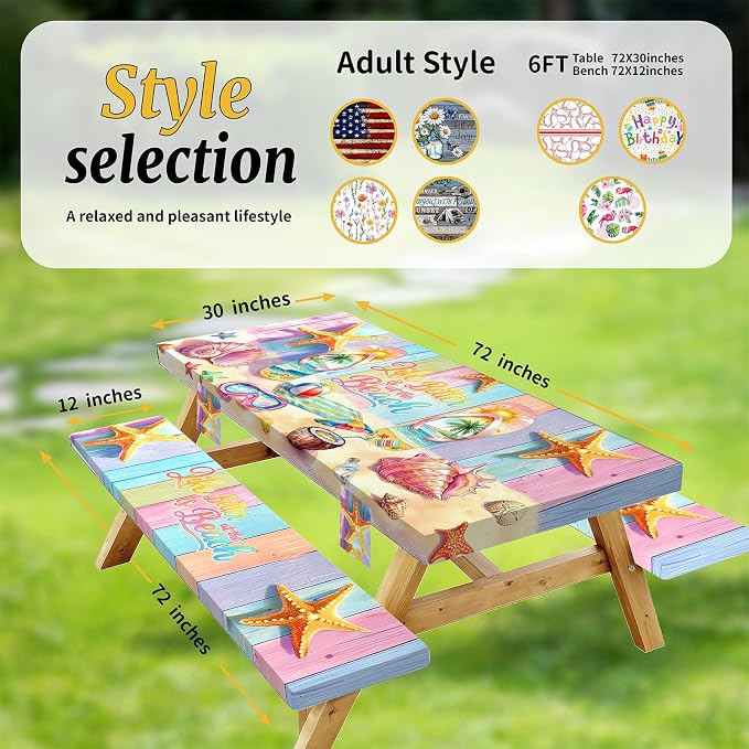 Picnic Table Cover with Bench Covers Elastic,Fitted Table Cloths for Rectangle Tables 6 Foot Washable,Waterproof Tablecloth for Outdoor Camping Essentials (Colorful Beach, 6 Foot)