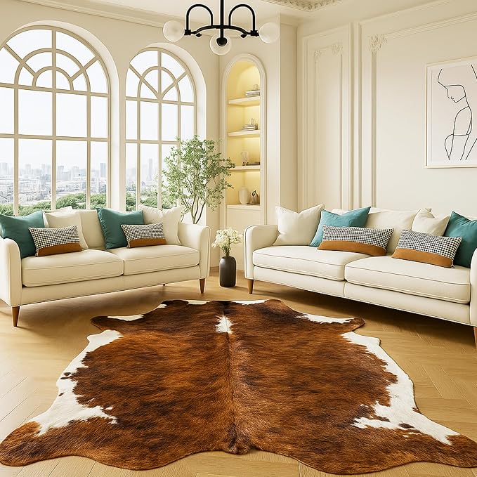rodeo Genuine Cowhide Rug + Cowhide Cleaner- Real Cow Hide Rug Large for Living Room & Bedroom - Western Rugs for a Natural Western Home Decor - Rustic Cow Print Carpet Decor - 6x7 ft, Brown Brindle