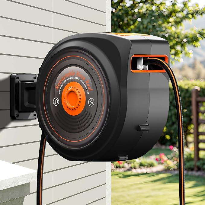 Mars Villa Retractable Garden Hose Reel 1/2 IN x 65 FT, Wall Mounted Heavy Duty Water Hose for Outside, Auto-Rewind & Any Length Lock, 180° Swivel Bracket, Slow Return, 10 Spray Patterns, UV-Resistant