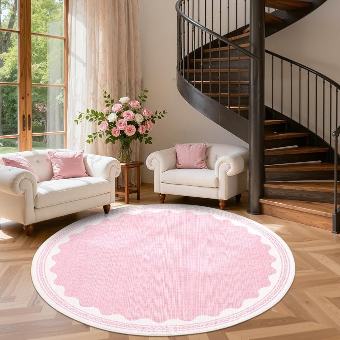 GarveeHome Scalloped Edge Solid Pink 4ft Round Rug Circle Modern Minimalism Washable Non-Slip Soft Ultra-Thin Carpet for Living Room Kitchen Bedroom Nursery Dining Room