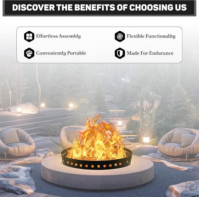 FEBTECH - 36" D x 10" H Smokeless Fire Ring Insert - Steel Fire Ring Liner | Premium Heat Resistant Coated Carbon Steel Fire Ring for Above or In-Ground Setups, Backyard, Camping Bonfires & Gatherings