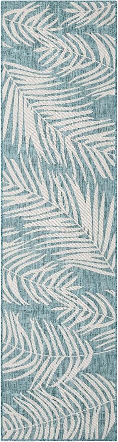 Unique Loom Outdoor Botanical Collection Area Rug - Palm (2' 7" x 10' Runner Light Aqua/Ivory)