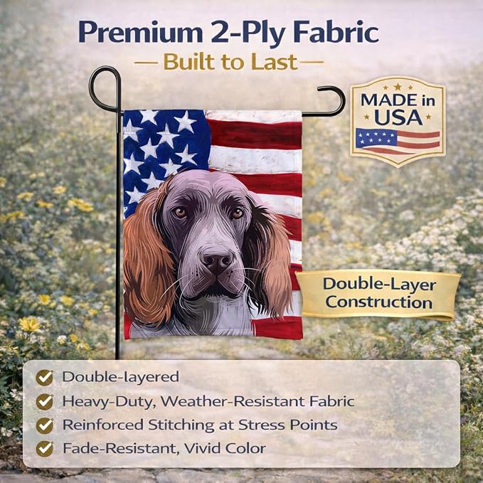 Caroline's Treasures CK6537GF German Spaniel Dog American Flag Garden Flag Mailbox Flag Decorative Yard Flag Banner Outside Patio Artwork Yard Flower Beds, Garden Size, Multicolor