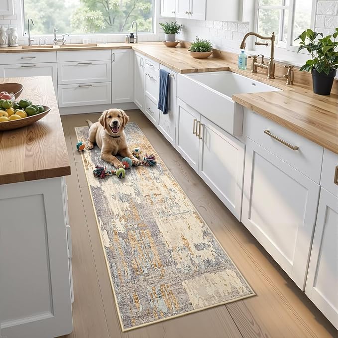 Toneed Washable 2x6 Non-Slip Abstract Runner Rug for Hallway Kitchen | Soft Modern Low Pile Area Rugs for Bedroom Laundry Living room,Indoor Carpet for Bedside Home Decor, Camel