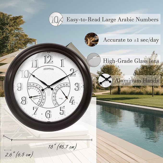 24" Jameson in/Outdoor Lighted Clock, Self-Illuminated, Waterproof, 3 in 1 Weather Station (Thermometer & Hygrometer), Metal Clock, Oil Rubbed Bronze Finish(Night Light)