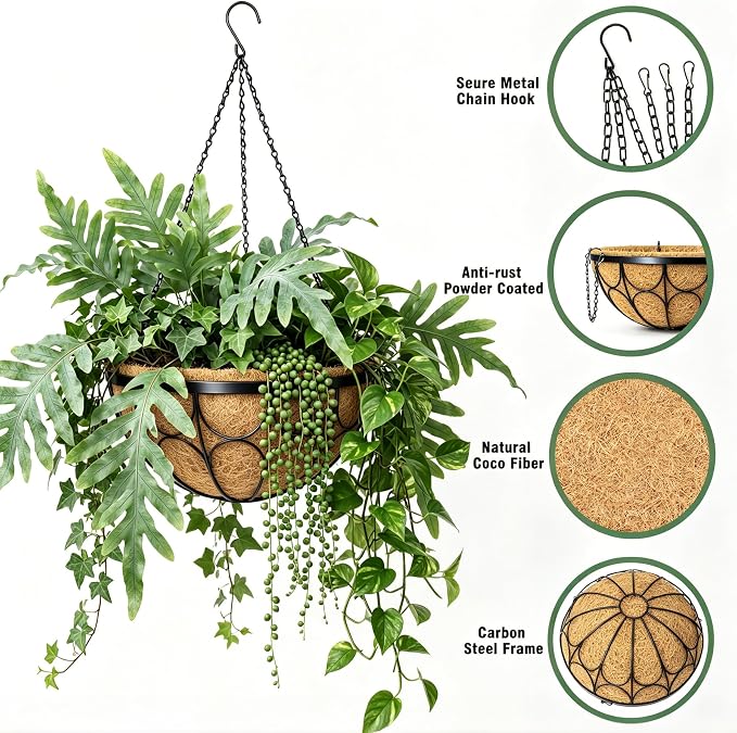 4 Pack 14 Inch Hanging Planters for Outdoor Plants，Large Wire Flower Hanging Basket with Coco Liners for Balconies, Patios, Porch, Terraces Decor