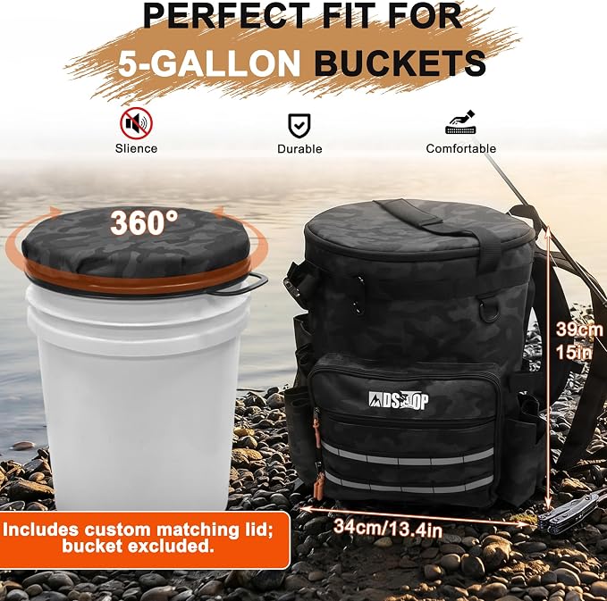 MDSTOP Fishing Bucket Backpack for 5 Gallon Bucket with Seat, Fishing Tackle Bag with Adjustable Buckle, Rod & Plier Holder and Multi-Pockets for Storage