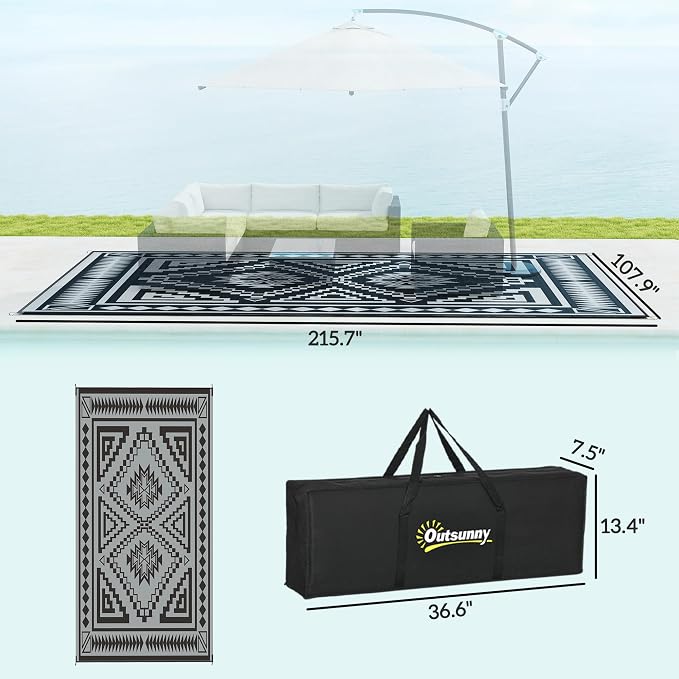 Outsunny Outdoor Rug for Patio, 9' x 18' Waterproof Large Mat, Reversible Plastic Straw Rug for Decor, Portable Outside RV Camping Area Carpet Mat for Backyard Porch Deck Picnic, Black & Gray Square