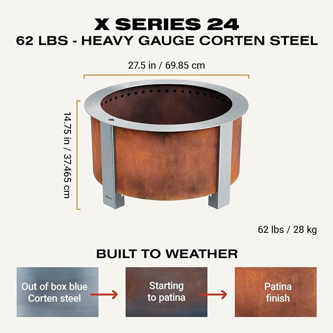 Breeo Smokeless Fire Pit Grilling Bundle (X Series 24 Corten Steel, Outpost Grill, Ash Shovel, & Lid) | 27.5 inch Smokeless Firepit for Outside | Ideal for Families
