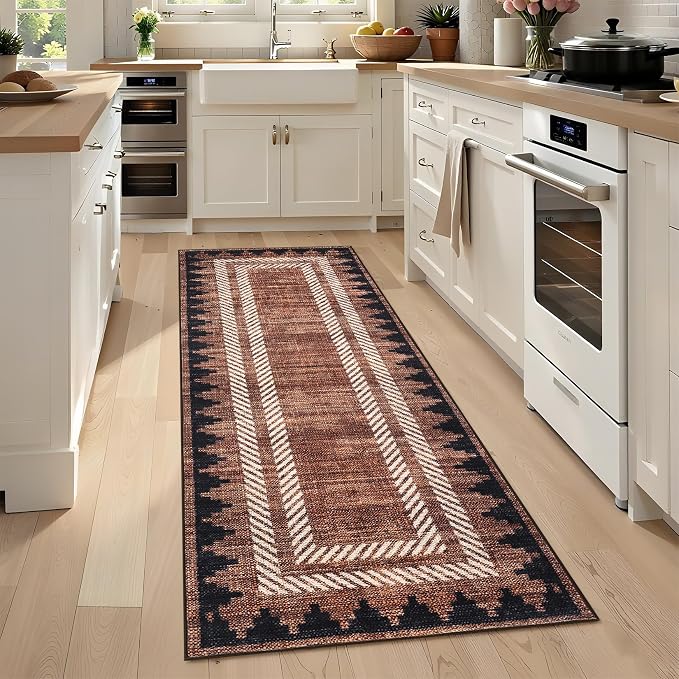 GarveeHome Modern Geometric Runner Rug 2x6 Washable Hallway Runner Rugs Brown Unique Bordered Neutral Bathroom Rug Non Slip, Non Shedding Kitchen Mat, Soft Low Pile Neutral Carpet for Laundry