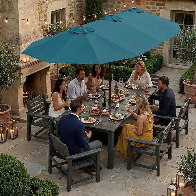 Kingdura 13ft Large Patio Umbrella with Base Included, Double-Sided Rectangle Outdoor Table Umbrella with 12 Reinforced Ribs, Crank Lift for Market Pool Deck Backyard, Lake blue