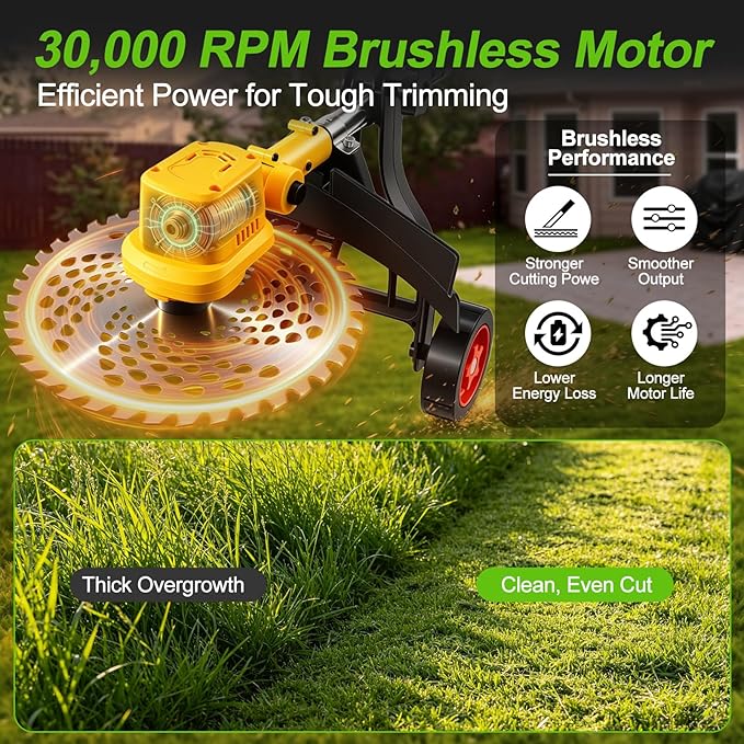 2026 New 30000 RPM Brushless Cordless Weed Wacker with Wheels, 12-Inch Battery Powered Electric Weed Eater, 4-in-1 Grass Trimmer, Brush Cutter, Stringless Weed Trimmer & Lawn Edger (1, Yellow)