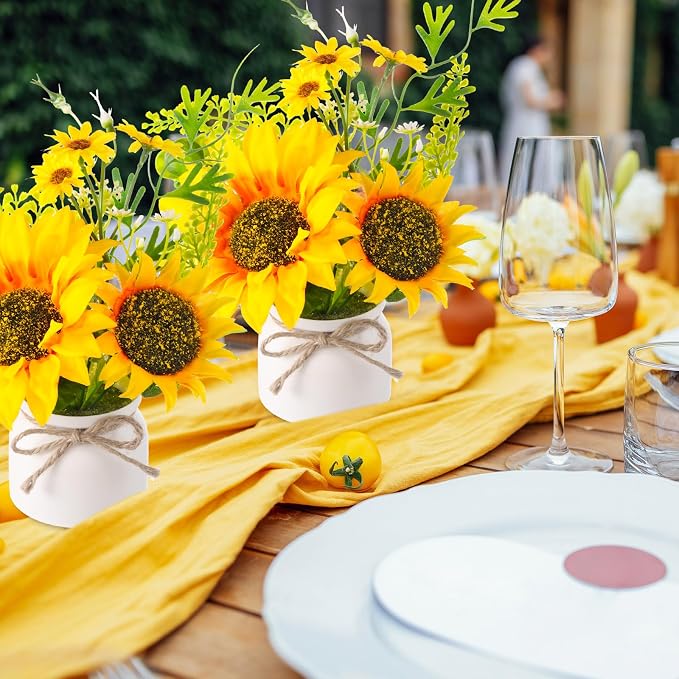 Zeyune 8 Pcs Sunflower Potted Plants Rustic Summer Spring Kitchen Wedding Table Centerpieces Silk Yellow Fake Flower with Plastic Pot for Home Bathroom Office (White,Sunflower)