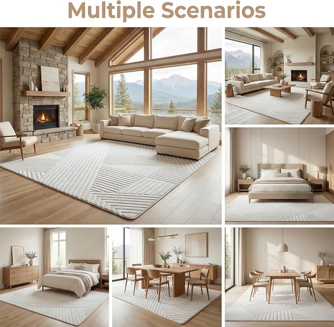 Beige Geometric 5x7 Solid Area Rug, Washable for Living Room Bedroom | Ultra Soft Thick High-Low Pile Carpet, Fluffy, Non-Slip Modern Geometric Rugs for bedside, Kids Room, Nursery, Home Office