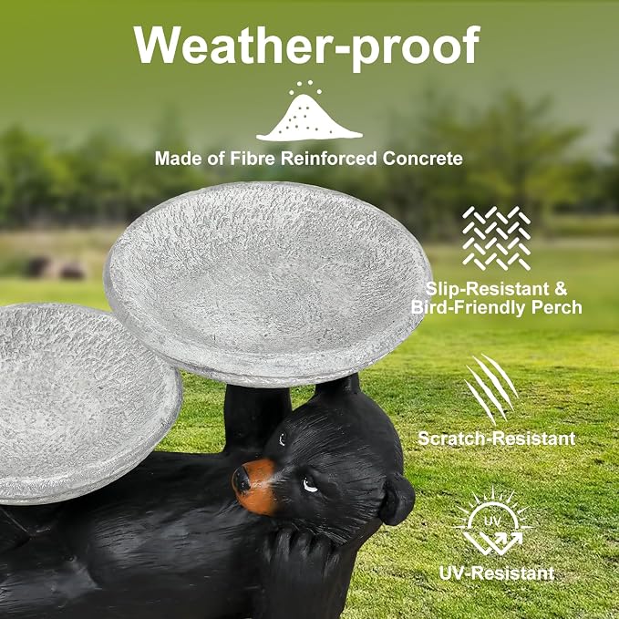 SunJet 18" Fibre Reinforced Concrete Outdoor Birdbath, 2-Tier Black Bear Bird Bath & Bird Feeder, Bird Bath Garden Decor with Dual Basins for Patio, Backyard, Lawn