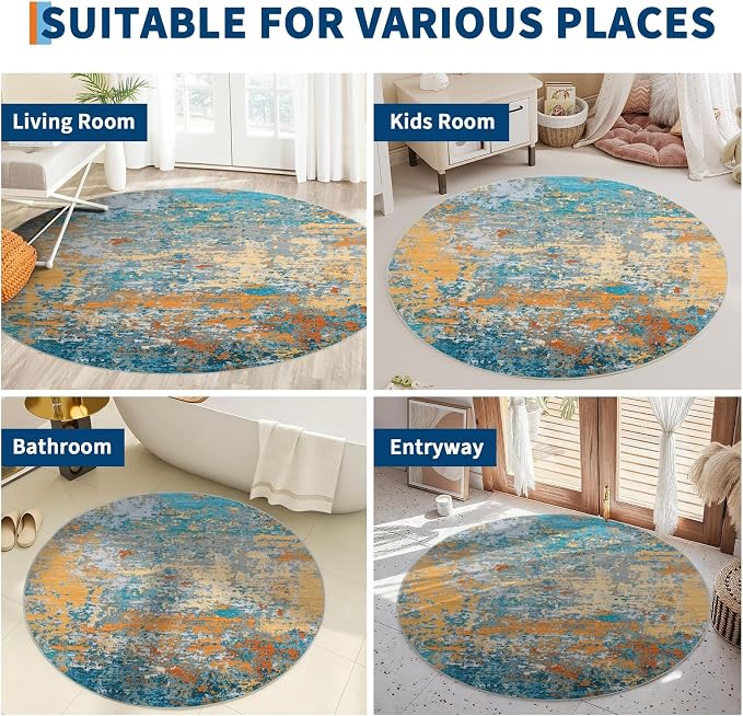 ROYHOME Modern Abstract 4x4 Round Area Rug Non Slip, Multi Color | Non Shedding Rug Low Pile Stain Resistant for Bedroom Living Room office Dining Room