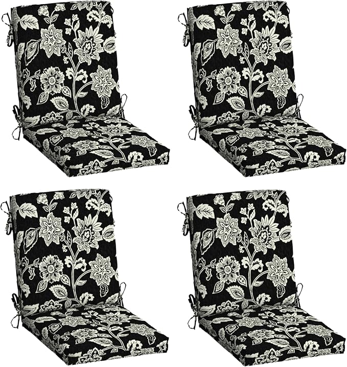 Arden 4-Pack Outdoor Patio Dining Chair Cushion, 20 x 44, Rain-Proof Seat Pad, Fade-Resistant Outdoor Cushion Ashland Black Jacobean