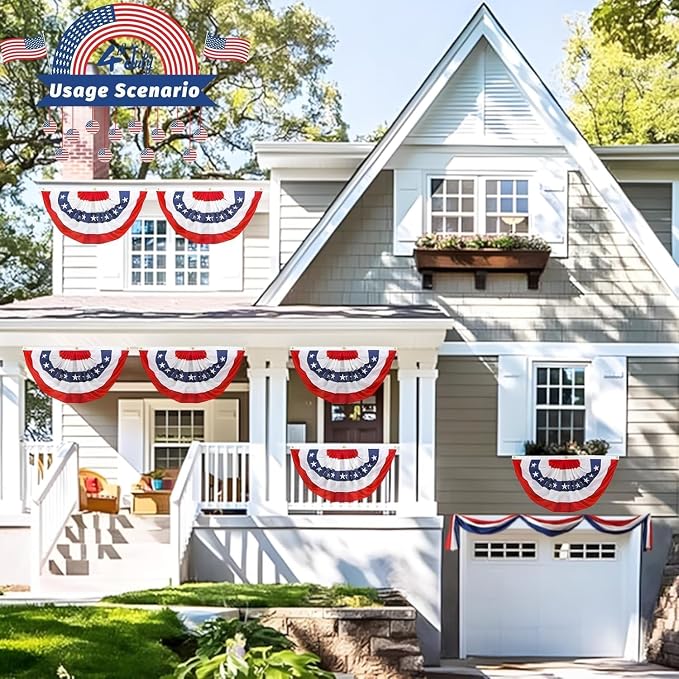6Pack American Bunting Flags for 4th of July Patriotic Decor 1.5x3Ft Pleated Half Fan Bunting 250th Anniversary Outside Porch USA Flag Garden Embroidered Star Red White & Blue Stripe Banner