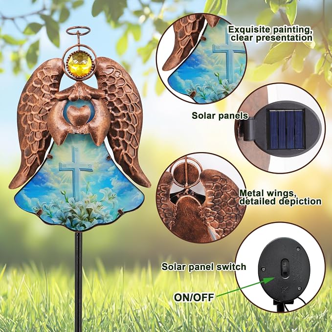 Solar Angel Garden Stake Light 32in, Iron Outdoor Decor with LED Cross Glass, Waterproof Memorial Yard Art, Easy Assembly Pathway Lighting for Patio Lawn