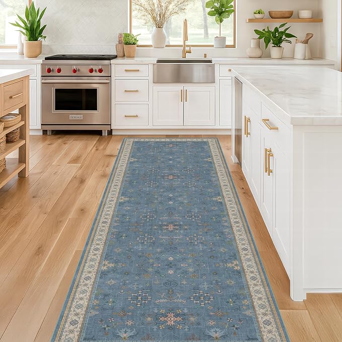 Boho 2'6"x10' Wide Runner Rugs for Hallway Non Skid- 10ft Light Blue Washable Non Slip Long Entryway Rug, Low Pile Geometric Floral Indoor Décor
