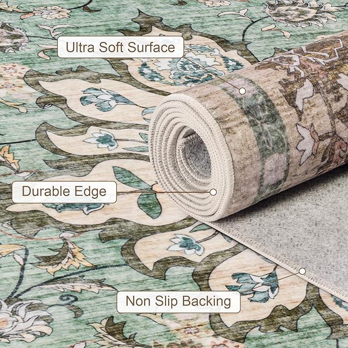 6x9 Area Rugs Living Room: Washable Rug for Bedroom Brown Green | Boho No Slip Stain Resistant Rug Soft Indoor Decor Floor Floral 6x9 Area Rugs for Dining Room, Nursery, Hallway, Home Office
