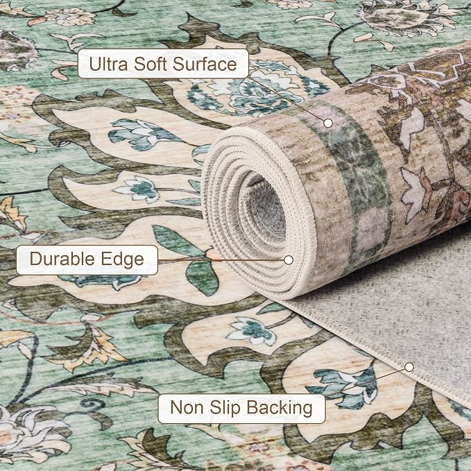 5x7 Area Rugs Living Room: Washable Rug for Bedroom Brown Green | Boho No Slip Stain Resistant Rug Soft Indoor Decor Floor Floral 5x7 Area Rugs for Dining Room, Nursery, Hallway, Home Office