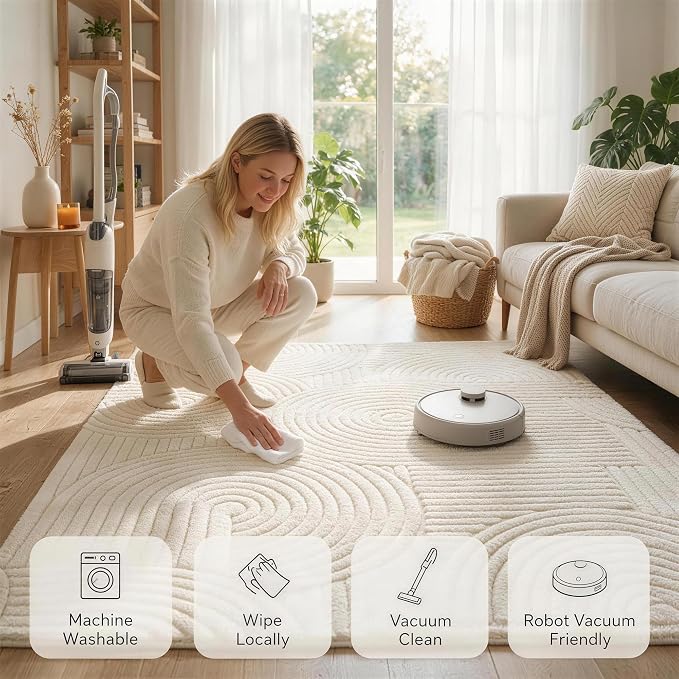 Beige Geometric 9x12 Solid Area Rug, Washable Living Room Rug | Large Ultra Soft Boho Pattern Minimalist Non-Slip Carpet, Rugs for Bedroom, Kids Room, Nursery, Apartment, Home Office