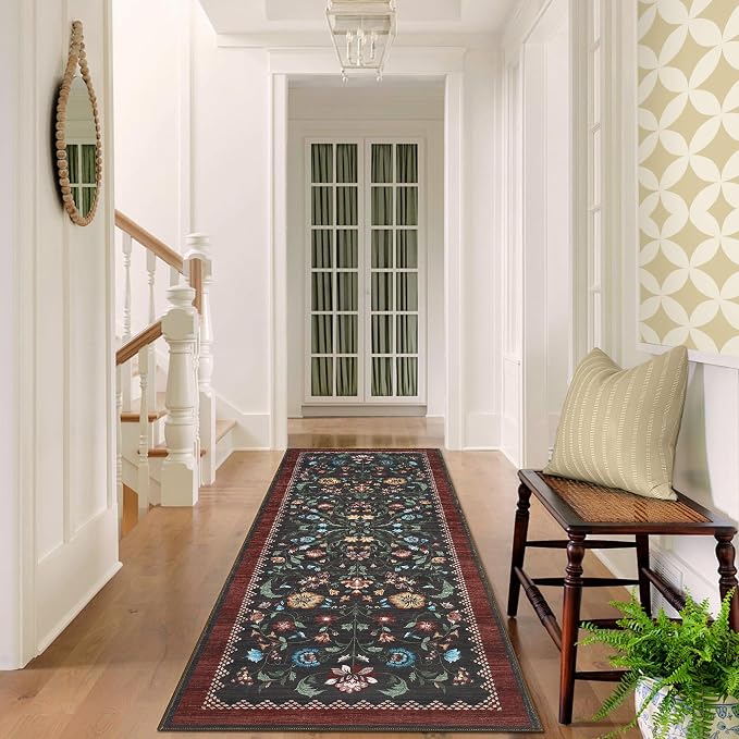 GarveeHome Floral Rug 2.5x8 Runners for Hallways, Boho Kitchen Runner Rugs Non Slip Bath Runners, Vintage Washable Runner Rug for Bedroom, Soft Long Rugs for Entryway Bathroom Laundry Dorm, Red