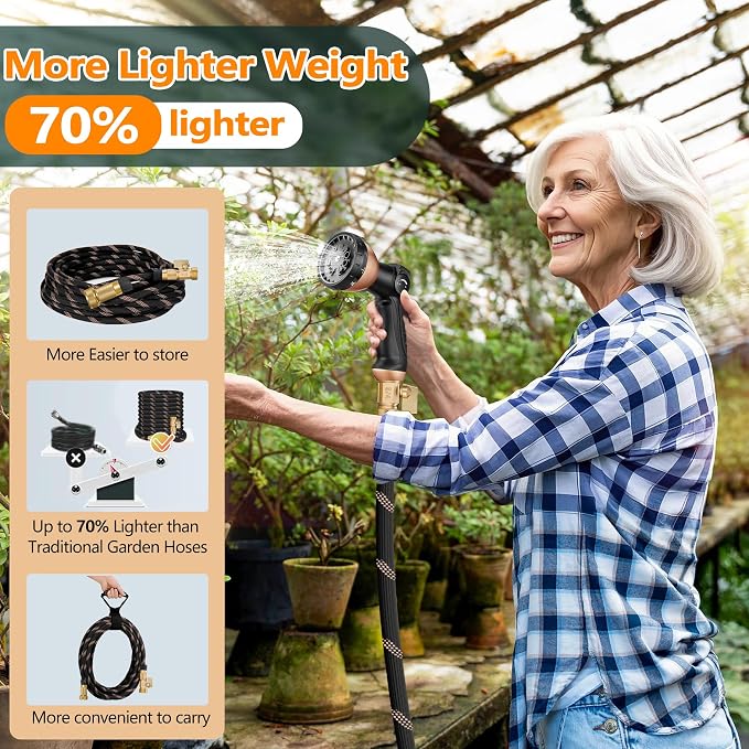 Garden Hose 75ft, 2026 Ultra Lightweight Water Hoses w/10 Function Spray Nozzle and 3/4" Brass Fittings- Durable, & Flexible Water Pipe for Yard, Lawn, Outdoor & Gardening(Black Rose gold)