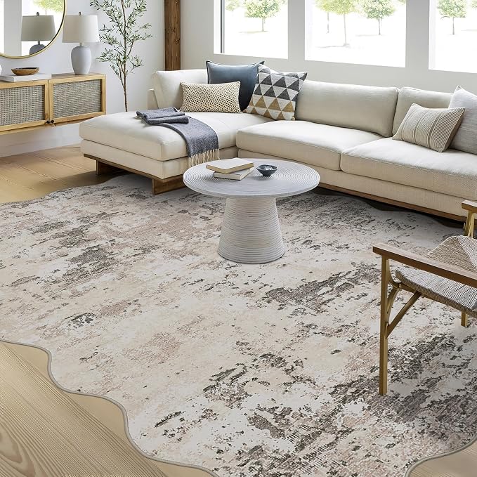 ROYHOME Modern Abstract Scalloped Area Rug 10x13 Non Slip Rug, Brown Grey | Non Shedding Rug Low Pile Stain Resistant for Bedroom Living Room