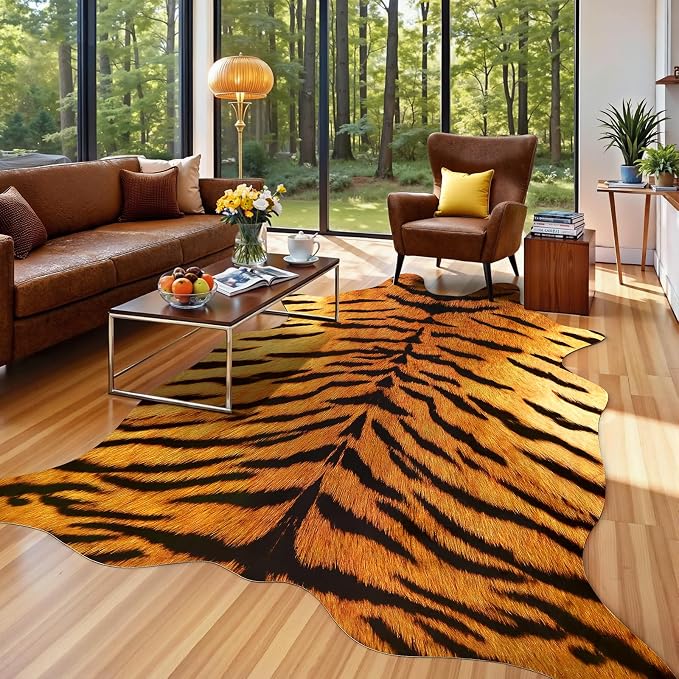 AROGAN Premium Tiger Print Rug, Faux Animal Hide Rugs, Non-Slip 6.2x5.2 Ft | Machine Washable Animal Print Hide Leopard Skin Area Rug for Bedroom Living Room Home Decor Pet Friendly
