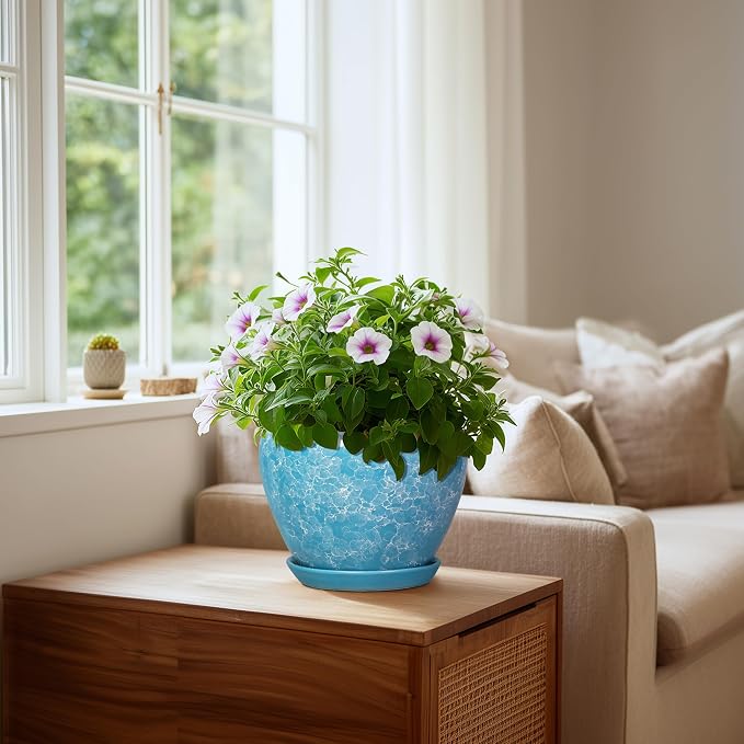 8 Inch Ceramic Planters, Bubble Blue | Drainage Hole and Saucer, Indoor Outdoor, Round Flower Pot, Decorative