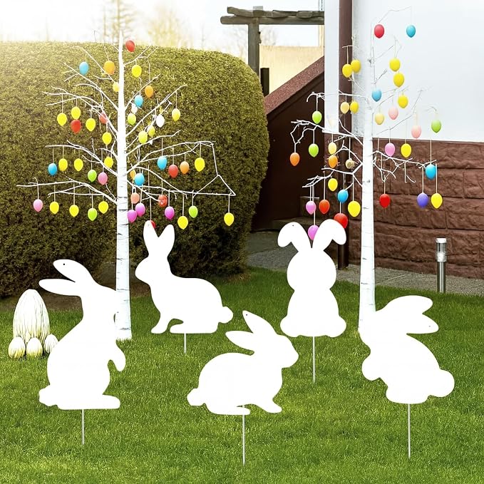 5 Pcs Metal Spring Yard Decorations Outdoor Bunny Yard Signs with Stakes Cute Spring Rabbit Decorative Lawn Signs for Indoor Outdoor Garden Pathway Walkway Holiday Party Decor