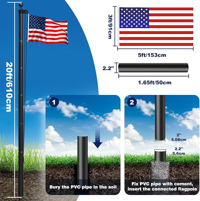 HAYOHRT Heavy Duty Flag Pole with 3x5 American Flag 20 FT 12 Gauge Extra Thick Black Flagpole Kit for Yard Outdoor Commercial Residential Outside House In Ground 100MPH Wind Tested